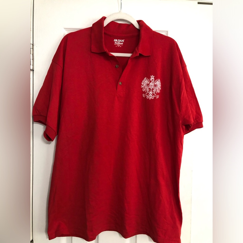 Gildan Dry Blend Red Polish crest short‎ sleeve Polo Shirt men’s size XL